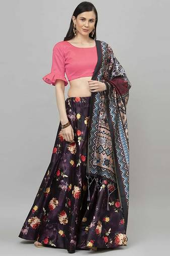 violet digital floral print satin silk lehenga choli with dupatta