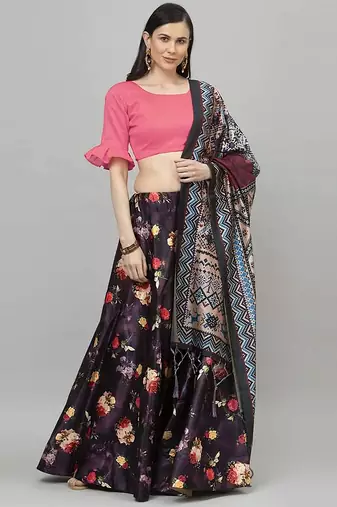 violet digital floral print satin silk lehenga choli with dupatta