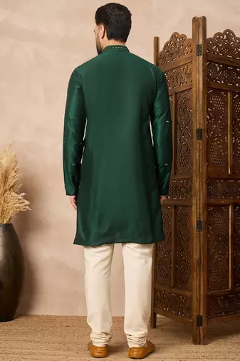 Green embroidered kurta pant set     elegant indian festive wear for men