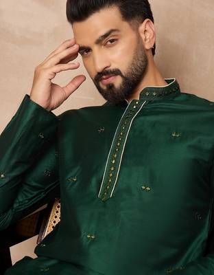 Green embroidered kurta pant set     elegant indian festive wear for men 5