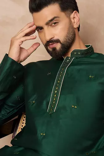Green embroidered kurta pant set     elegant indian festive wear for men