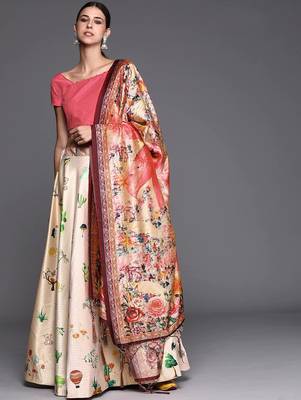 cream digital floral print satin silk lehenga choli with dupatta 7