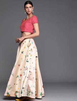 cream digital floral print satin silk lehenga choli with dupatta 8