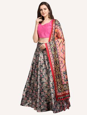 grey digital floral print satin silk lehenga choli with dupatta 7