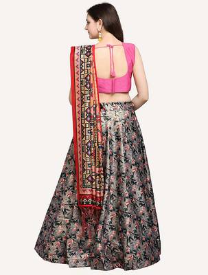 grey digital floral print satin silk lehenga choli with dupatta 8