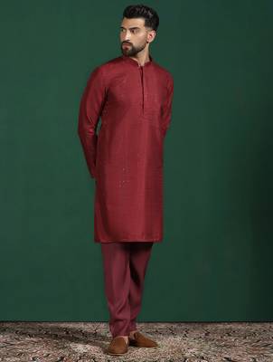 Red embroidered kurta pyjama set     elegant indian festive wear for men 2