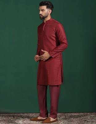 Red embroidered kurta pyjama set     elegant indian festive wear for men 3