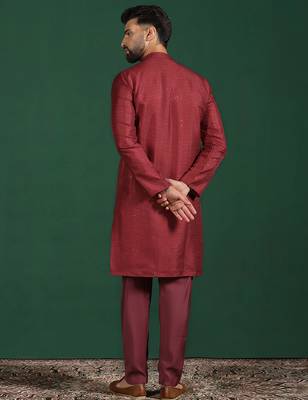 Red embroidered kurta pyjama set     elegant indian festive wear for men 4