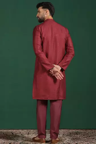 Red embroidered kurta pyjama set     elegant indian festive wear for men
