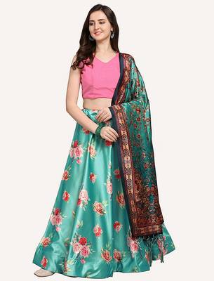 Pink Digital Floral Print Satin Silk Fabric Semistitched Lehenga Choli With Jequared Unstitched Blouse with Dupatta 7
