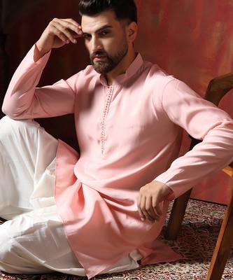 Peach solid kurta dhoti set     soft-toned indian traditional wear for men 1