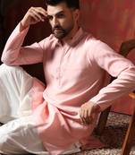 Peach solid kurta dhoti set     soft-toned indian traditional wear for men