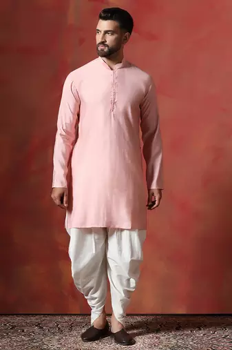 Peach solid kurta dhoti set     soft-toned indian traditional wear for men