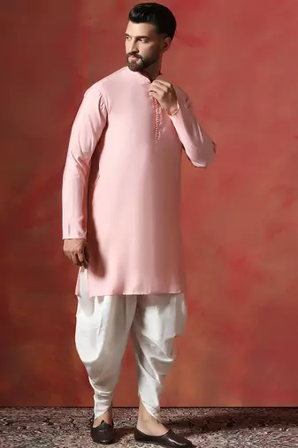 Peach solid kurta dhoti set     soft-toned indian traditional wear for men