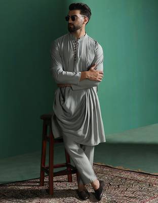 Light sage grey solid kurta pyjama set     subtle indian ethnic wear 1