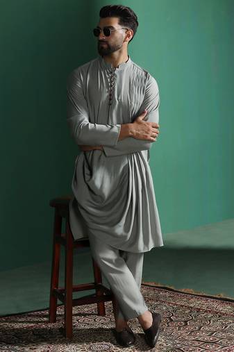 Light sage grey solid kurta pyjama set – subtle indian ethnic wear
