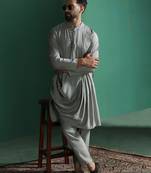 Light sage grey solid kurta pyjama set     subtle indian ethnic wear
