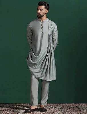 Light sage grey solid kurta pyjama set     subtle indian ethnic wear 2