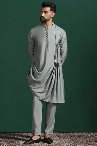 Light sage grey solid kurta pyjama set     subtle indian ethnic wear