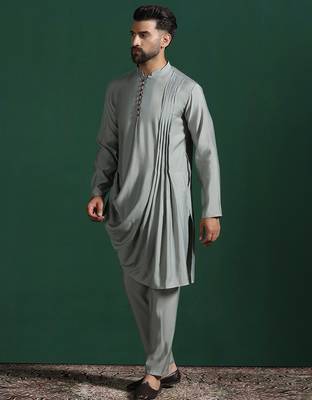 Light sage grey solid kurta pyjama set     subtle indian ethnic wear 3