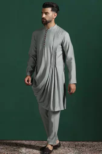 Light sage grey solid kurta pyjama set     subtle indian ethnic wear