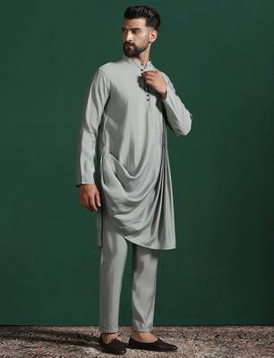 Light sage grey solid kurta pyjama set     subtle indian ethnic wear 4