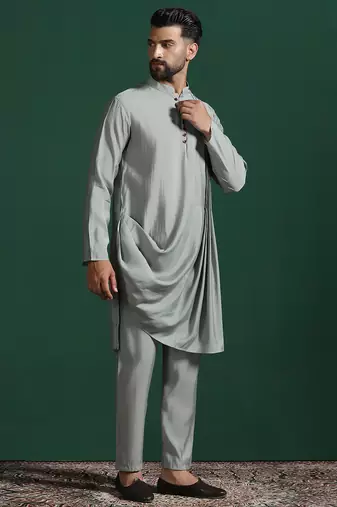 Light sage grey solid kurta pyjama set     subtle indian ethnic wear
