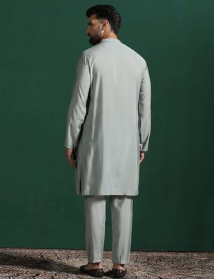 Light sage grey solid kurta pyjama set     subtle indian ethnic wear 5