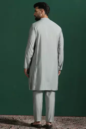 Light sage grey solid kurta pyjama set     subtle indian ethnic wear