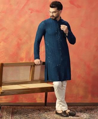 Blue sequins kurta pyjama set     festive indian party wear for men 1
