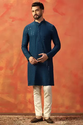 Blue sequins kurta pyjama set     festive indian party wear for men