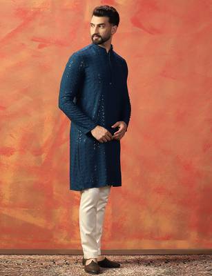 Blue sequins kurta pyjama set     festive indian party wear for men 3