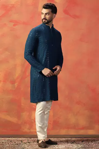Blue sequins kurta pyjama set     festive indian party wear for men
