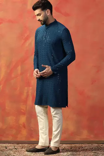 Blue sequins kurta pyjama set     festive indian party wear for men