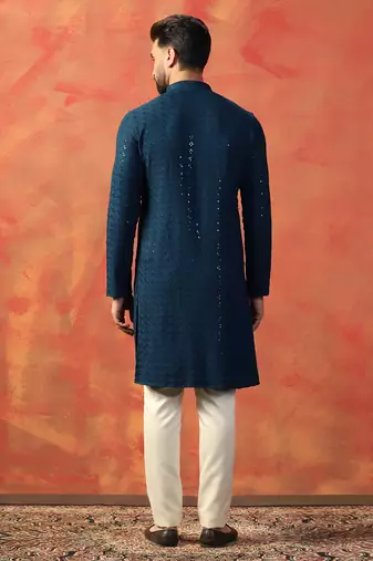 Blue sequins kurta pyjama set     festive indian party wear for men