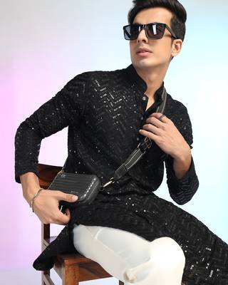 Black sequins kurta pant set     shiny indian wedding outfit for men 1