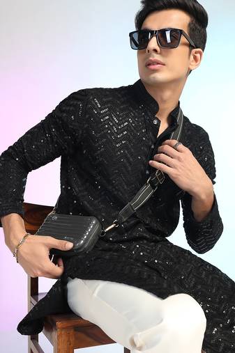 Black sequins kurta pant set – shiny indian wedding outfit for men