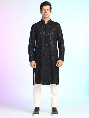 Black sequins kurta pant set     shiny indian wedding outfit for men 2