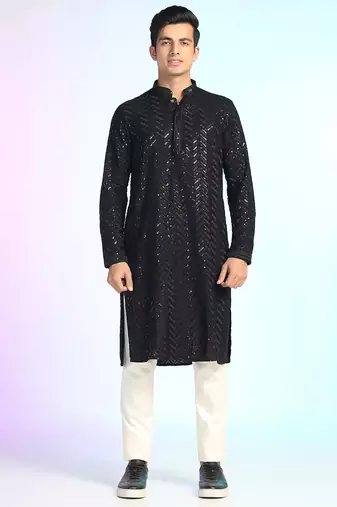 Black sequins kurta pant set     shiny indian wedding outfit for men