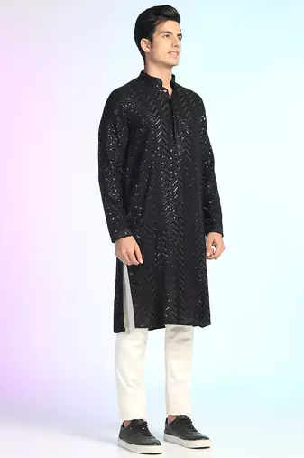 Black sequins kurta pant set     shiny indian wedding outfit for men