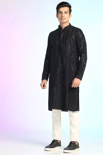 Black sequins kurta pant set     shiny indian wedding outfit for men