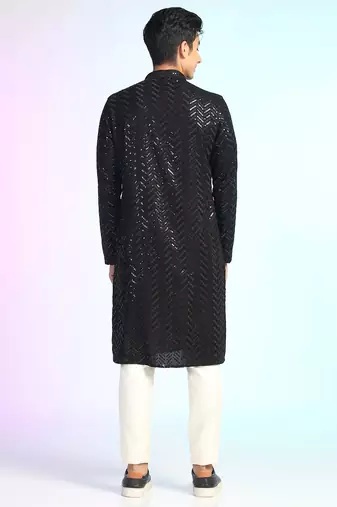 Black sequins kurta pant set     shiny indian wedding outfit for men