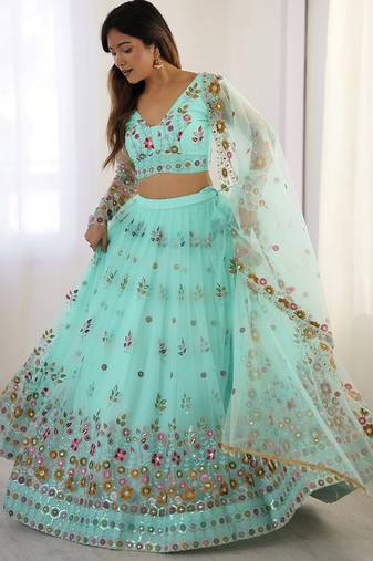 Beautiful Sky Blue Thread Embroidered Lehenga Choli With Dupatta