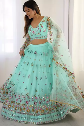 Beautiful Sky Blue Thread Embroidered Lehenga Choli With Dupatta