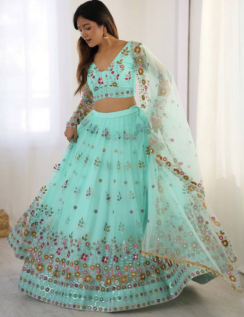 Beautiful Sky Blue Thread Embroidered Lehenga Choli With Dupatta