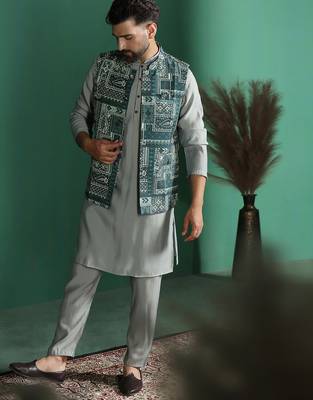 Green kurta jacket pyjama set with ethnic motifs print     royal indian traditional wear 1