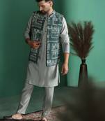 Green kurta jacket pyjama set with ethnic motifs print     royal indian traditional wear