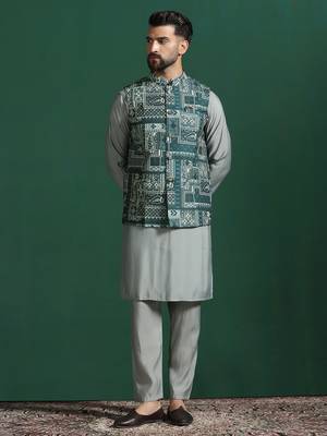 Green kurta jacket pyjama set with ethnic motifs print     royal indian traditional wear 2