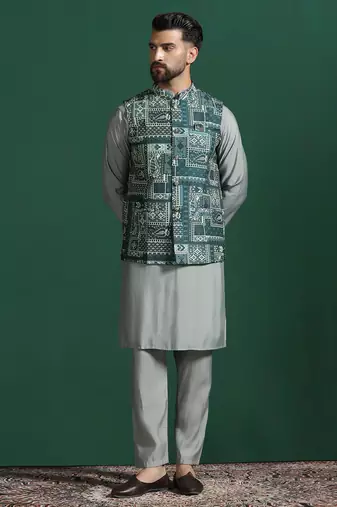 Green kurta jacket pyjama set with ethnic motifs print     royal indian traditional wear
