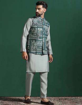 Green kurta jacket pyjama set with ethnic motifs print     royal indian traditional wear 3